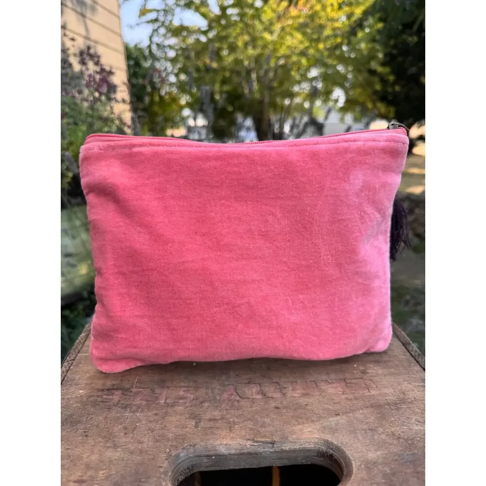 Pink Velvet Tulip Flower Bag 10 x 7 Pouch Pink Makeup Travel Bag